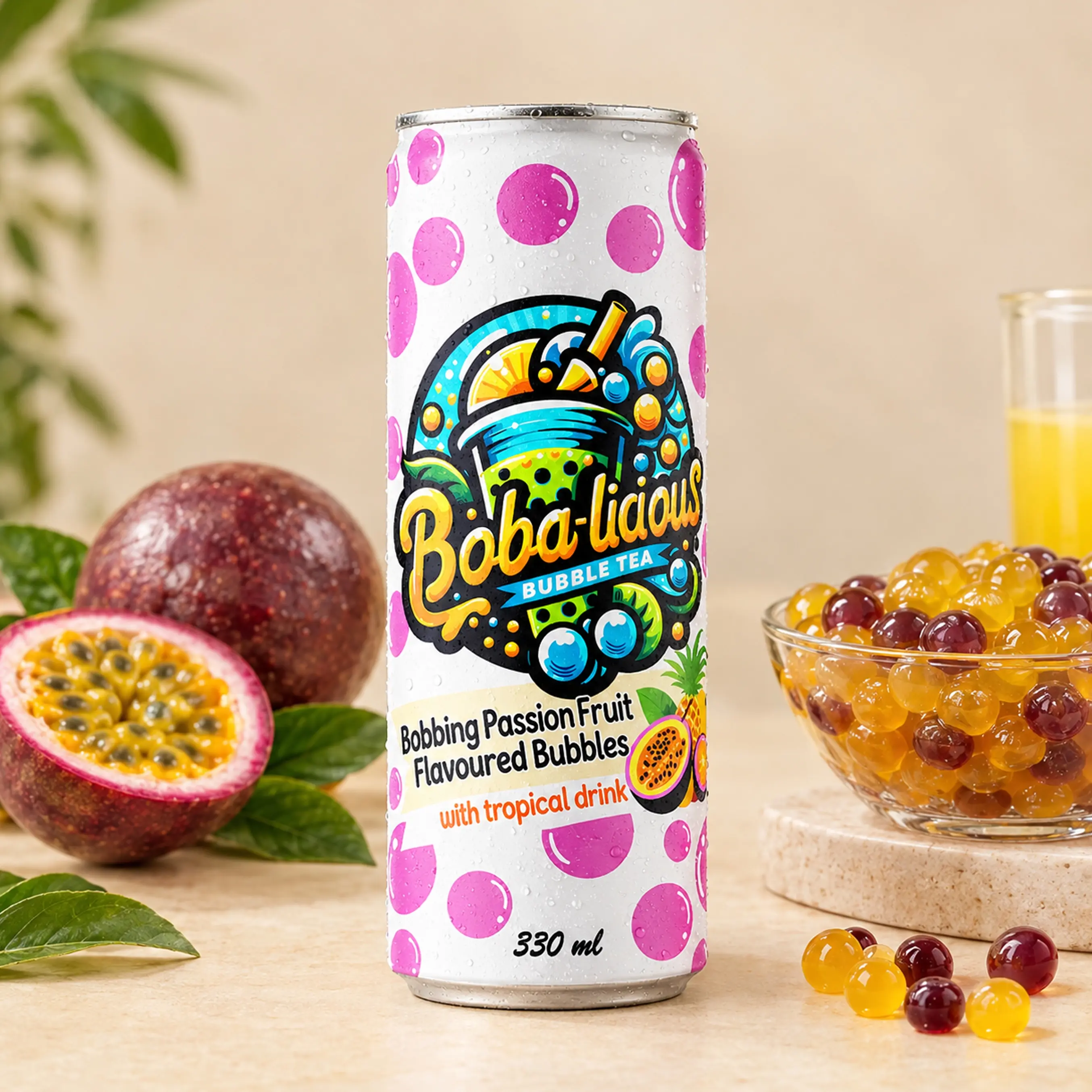 BUBBLE TEA Boba-licious Passion Fruit 330 ml can with passion fruit flavoured bubbles, tropical drink, passion fruit and popping boba.